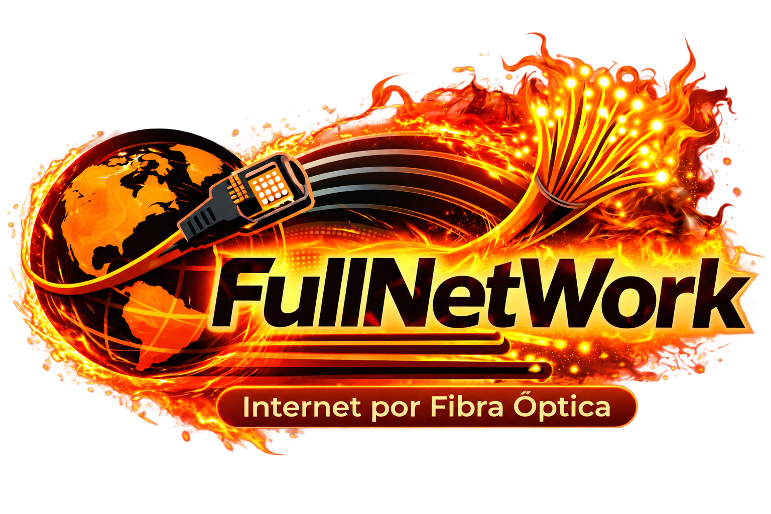 FullNetWork: Internet por Fibra Óptica, con globo y fibras luminosas en naranja